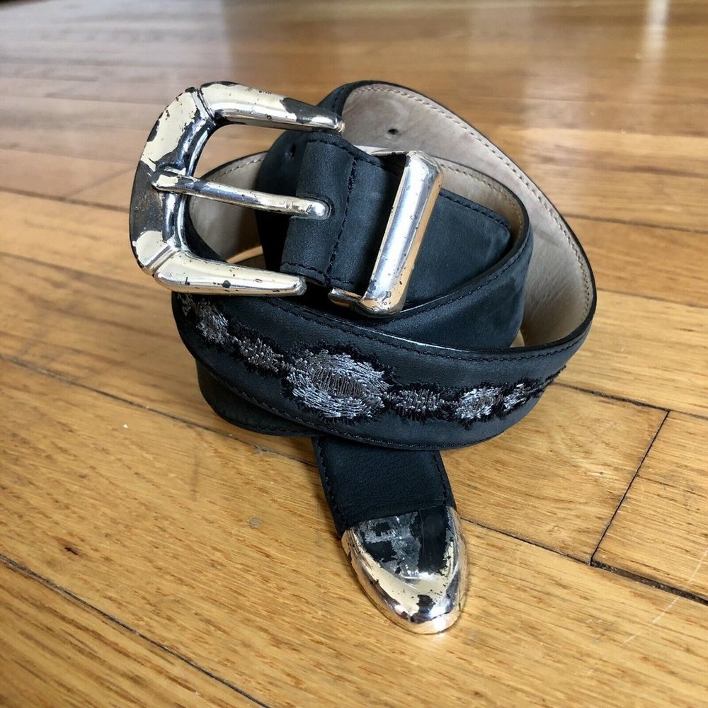 Vintage Erreghè Gray Embroidered Leather Belt Made in Italy Size Small
